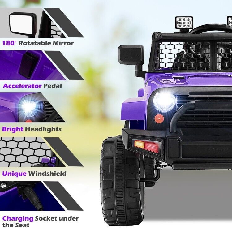 Electric Kids Ride On Truck Car with Remote Control and 3-Speeds - Purple with Headlights
