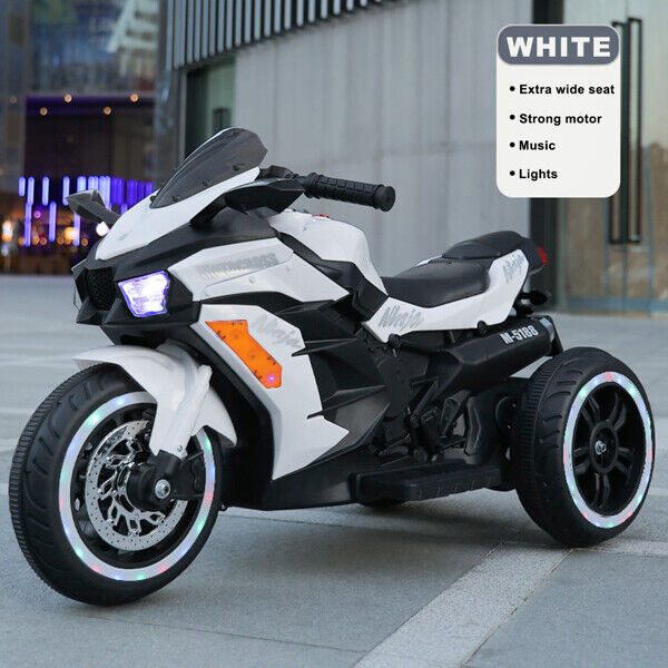 Electric Kids Touring Motorbike with LED Lights - 12V Battery Powered in White