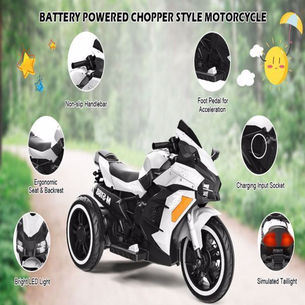 Electric Kids Touring Motorbike with LED Lights - 12V Battery Powered in White