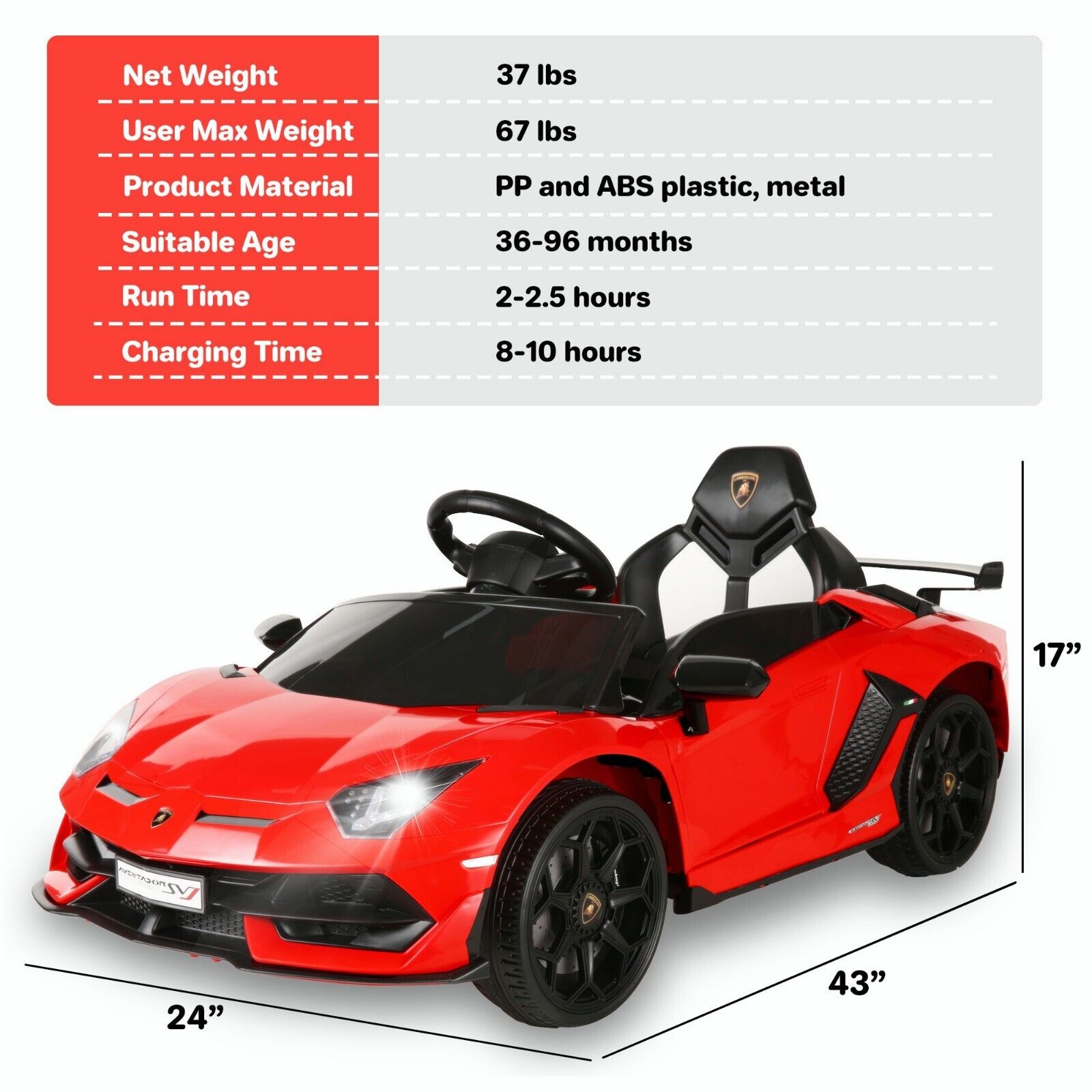 Electric Lamborghini Ride-On Car for Kids with Remote Control - 24/12V