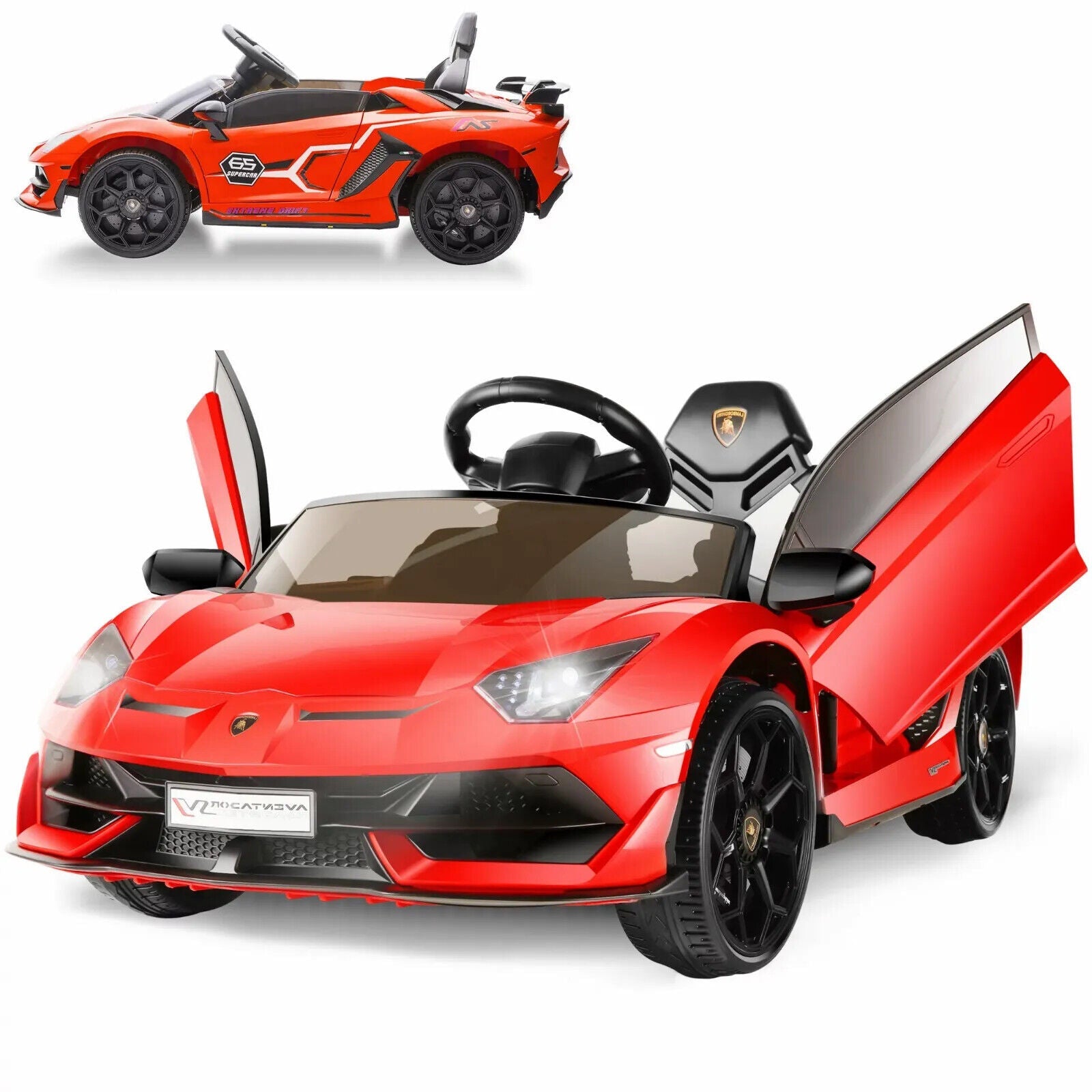 12V Licensed Lamborghini Ride-On Car with 3 Speeds, RC Headlights, and Hydraulic Doors