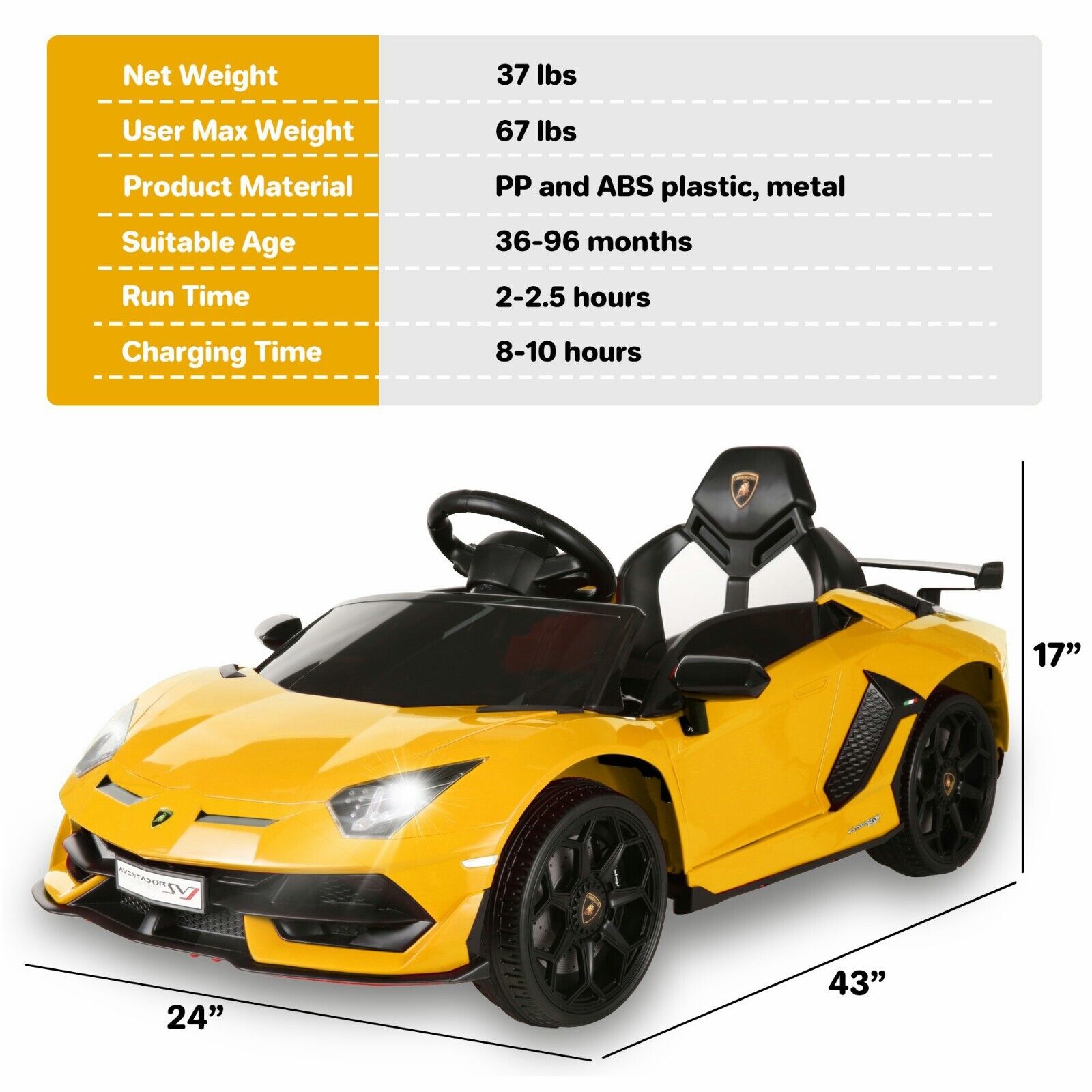 Licensed Lamborghini Aventador 12V Electric Ride-On Car with Remote Control for Kids - Perfect Gift!
