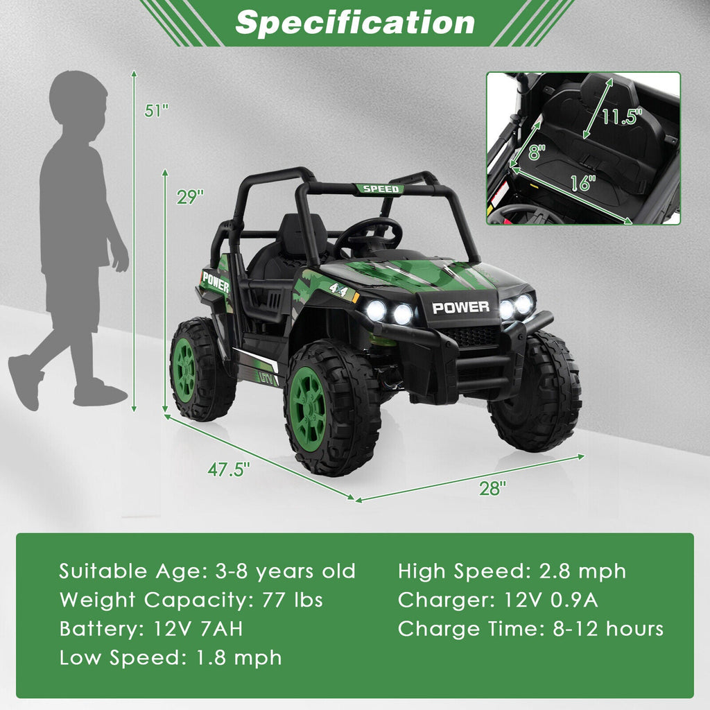 Electric Off-Road UTV Ride-On Truck for Kids with Remote Control, LED Lights, and Music - Green