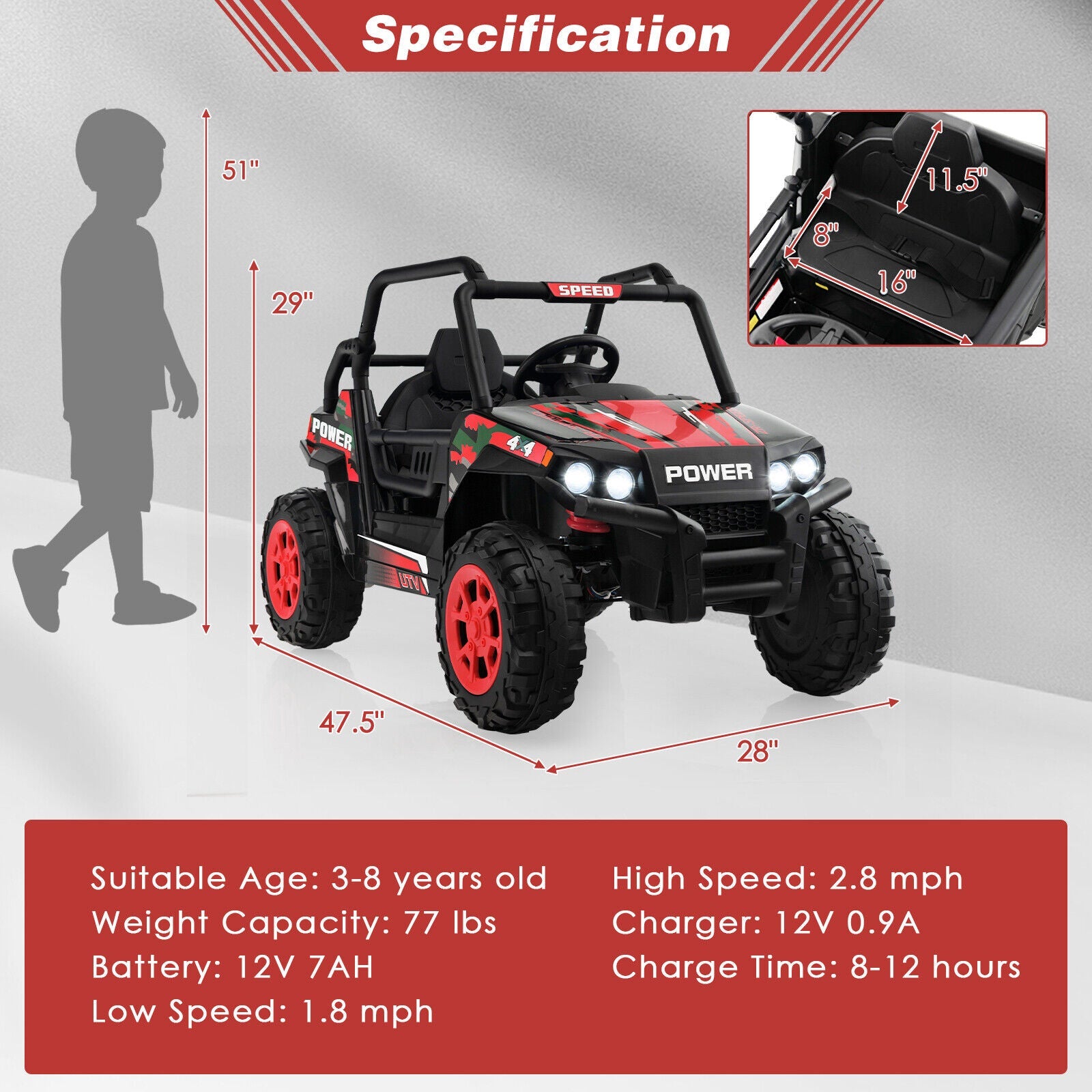 Electric Off-Road UTV Ride-On Truck for Kids with Remote Control, LED Lights, and Music - Red
