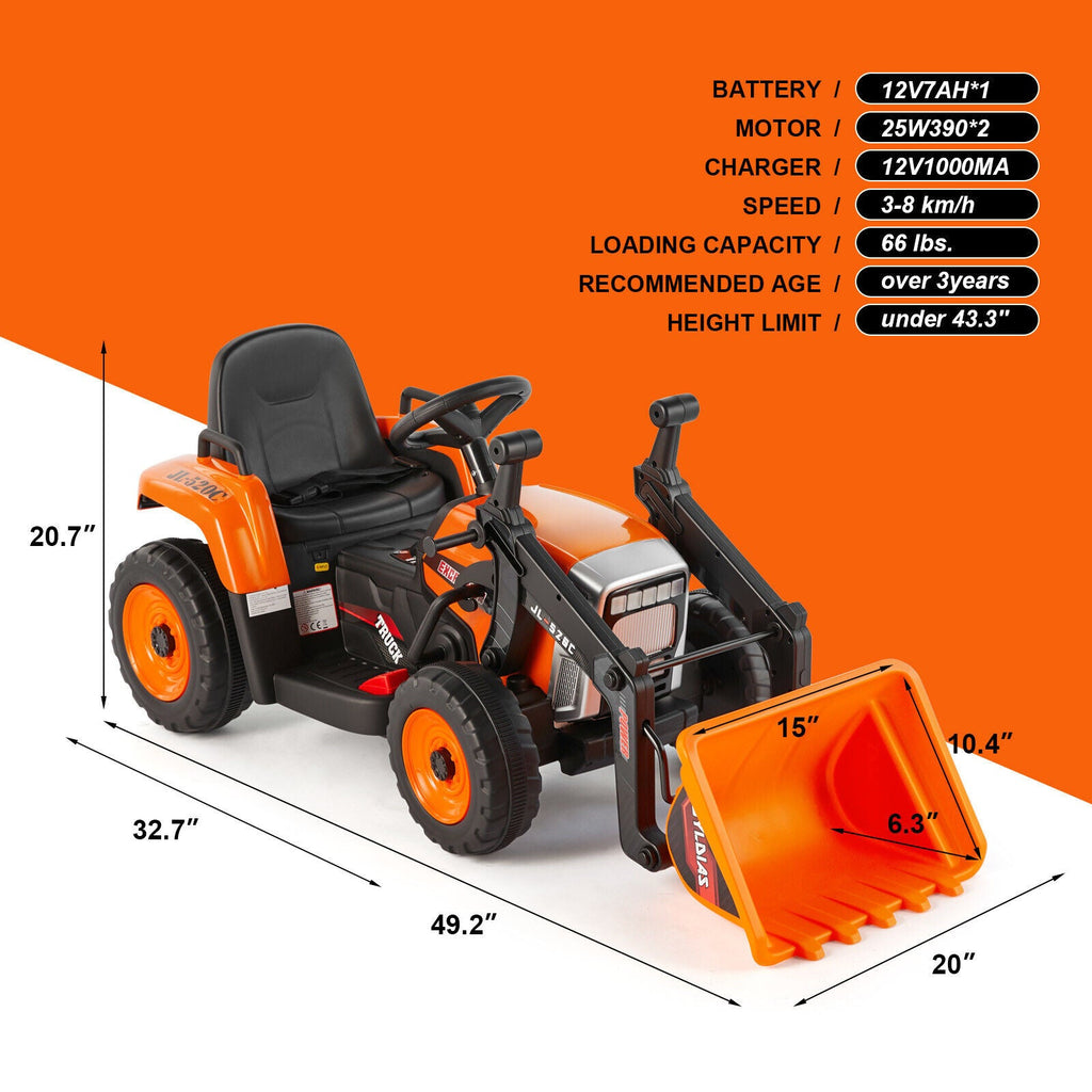 Electric Orange Ride-On Excavator Truck with Music, Lights, and Remote Control - 12V, 3 Speeds