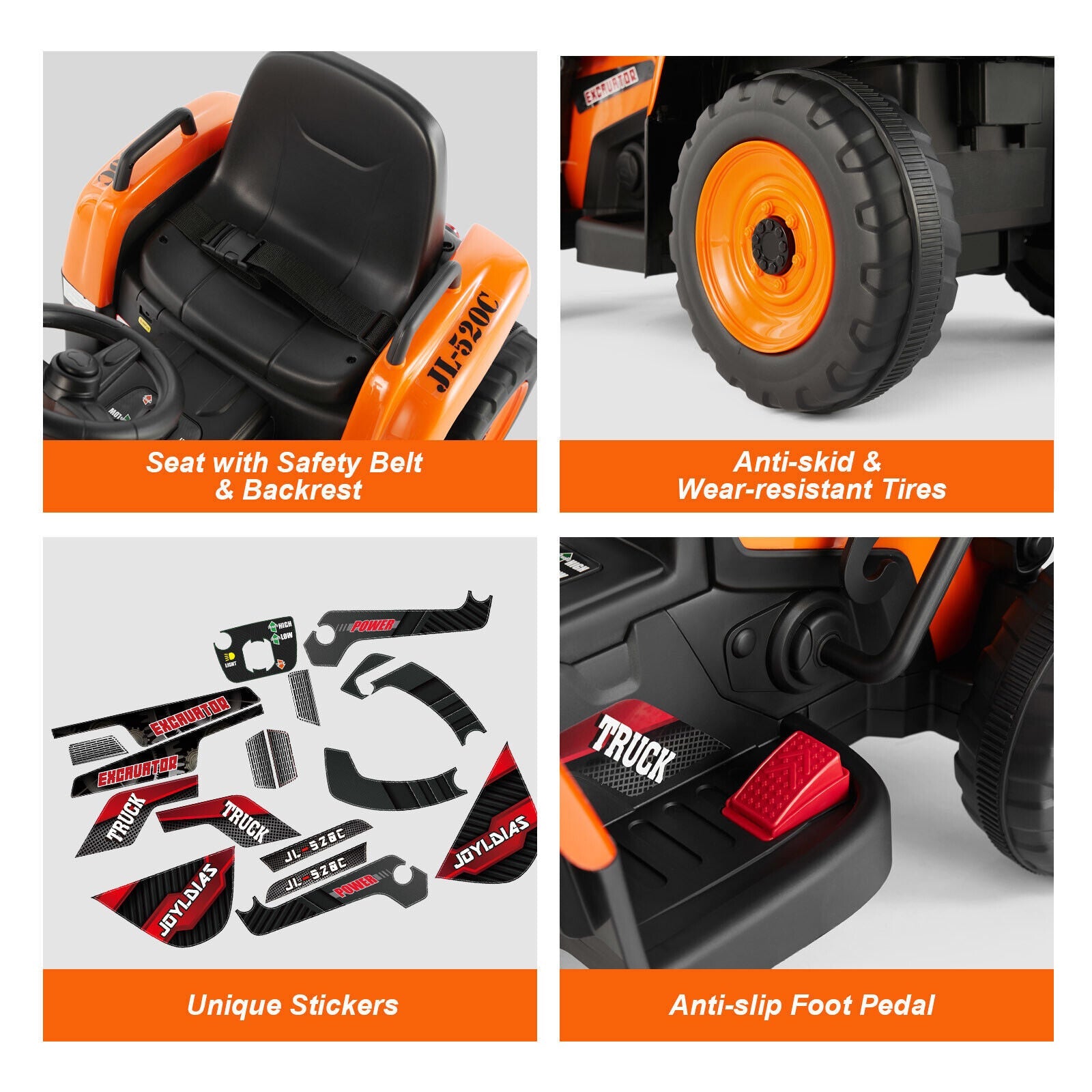 Electric Orange Ride-On Excavator Truck with Music, Lights, and Remote Control - 12V, 3 Speeds
