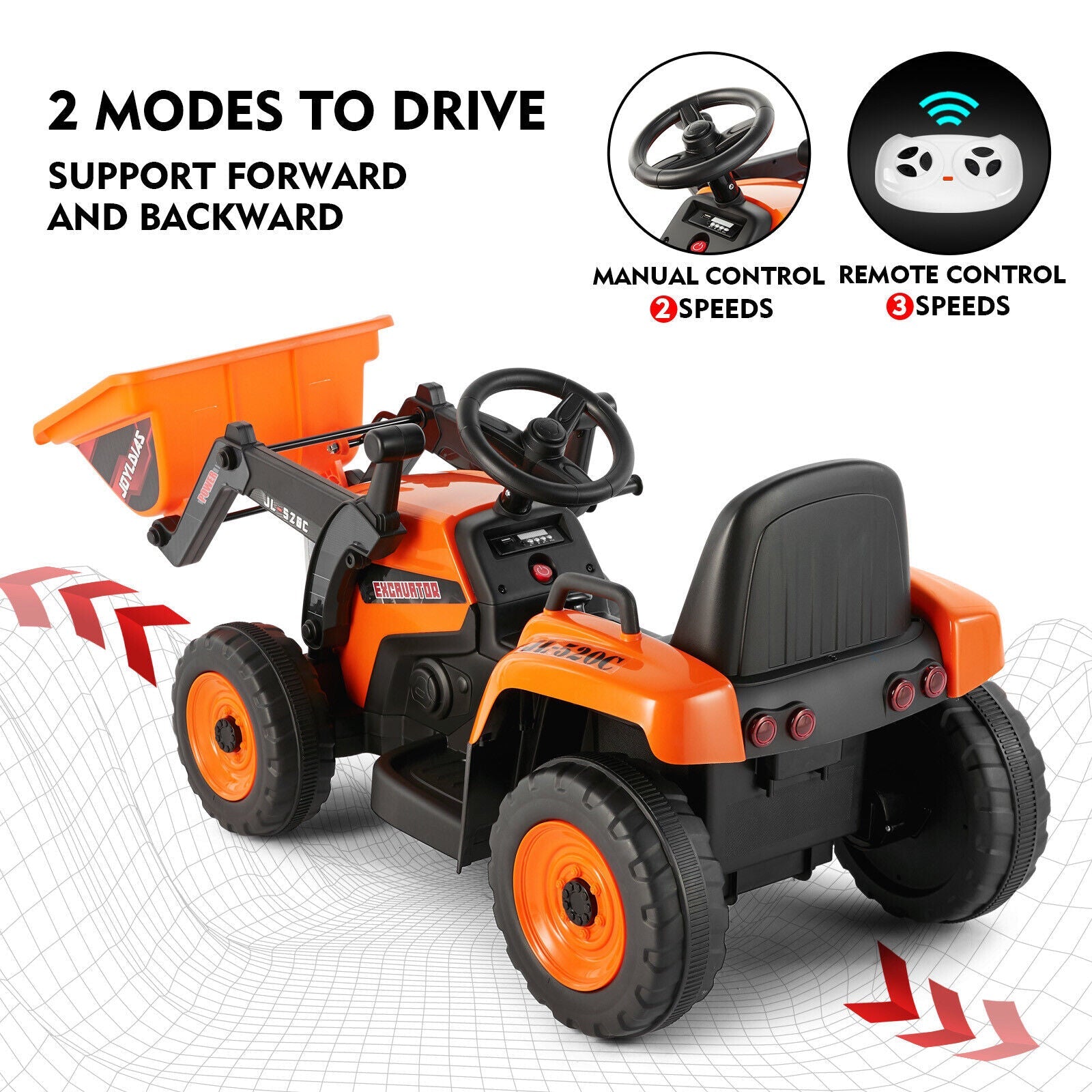 Electric Orange Ride-On Excavator Truck with Music, Lights, and Remote Control - 12V, 3 Speeds