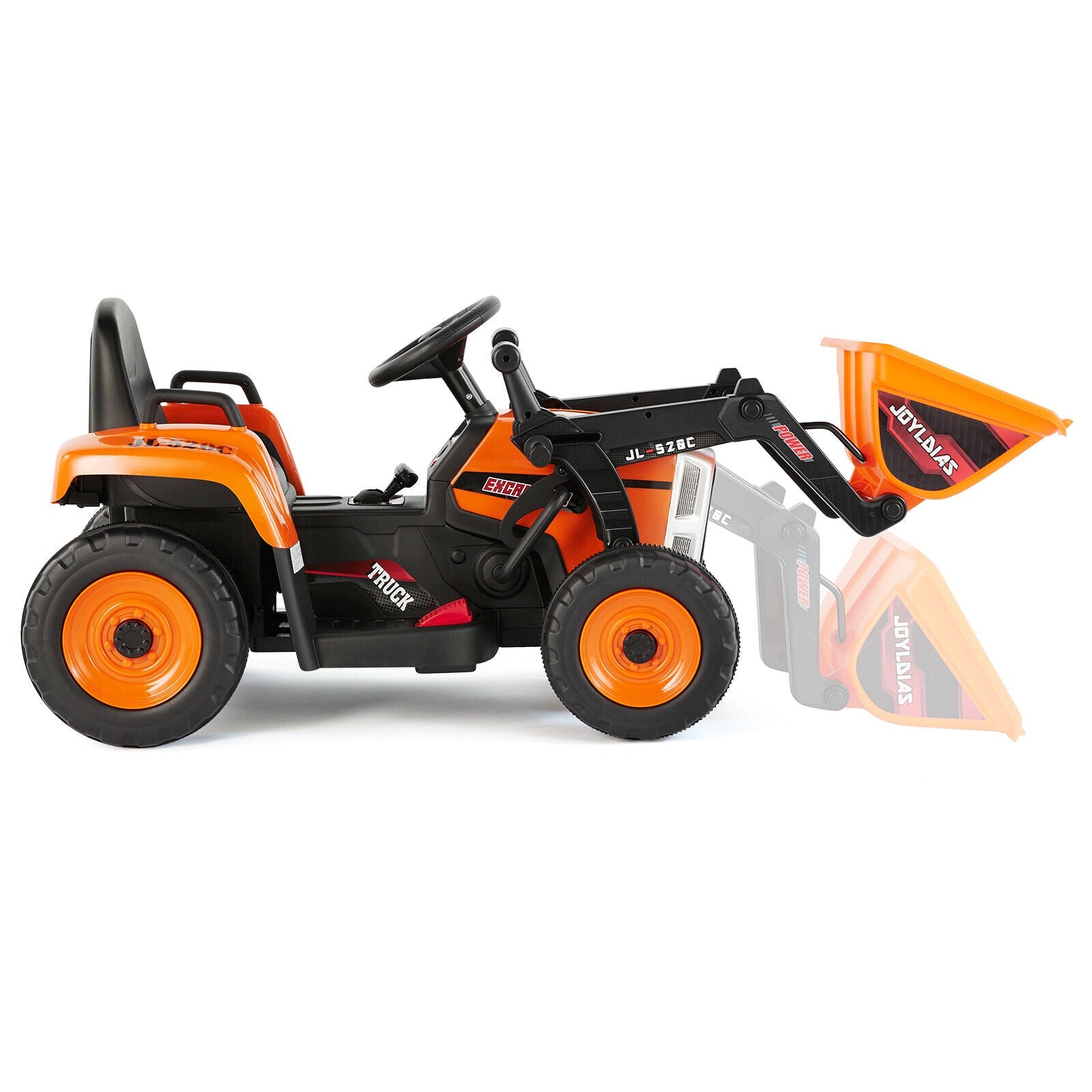 Electric Orange Ride-On Excavator Truck with Music, Lights, and Remote Control - 12V, 3 Speeds