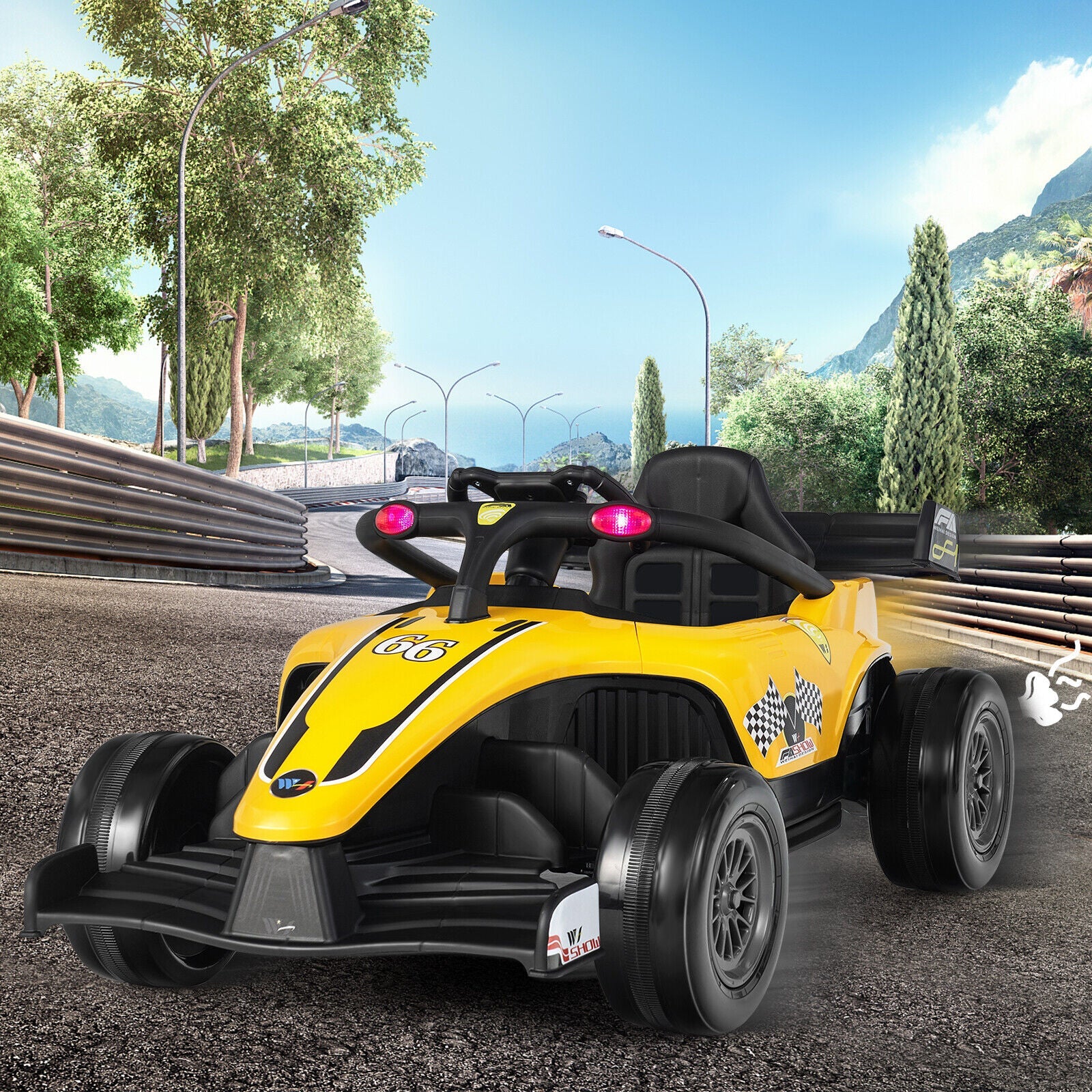 Electric Racing Truck for Kids with 2 Speeds, Remote Control, MP3 Player, and Lights - Yellow