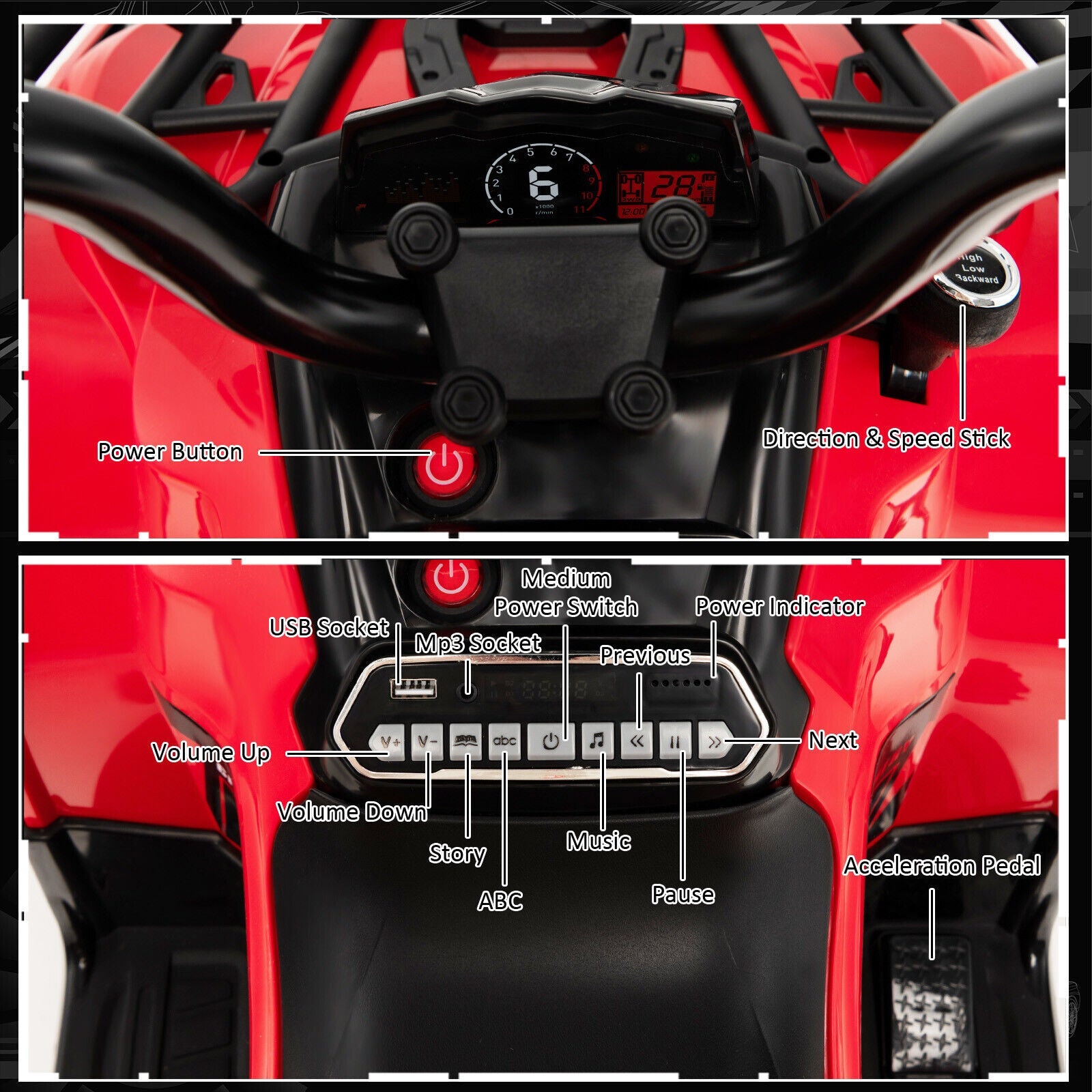 Electric Ride-On ATV for Kids with 2 Speeds, MP3 Player, and Headlights - Red