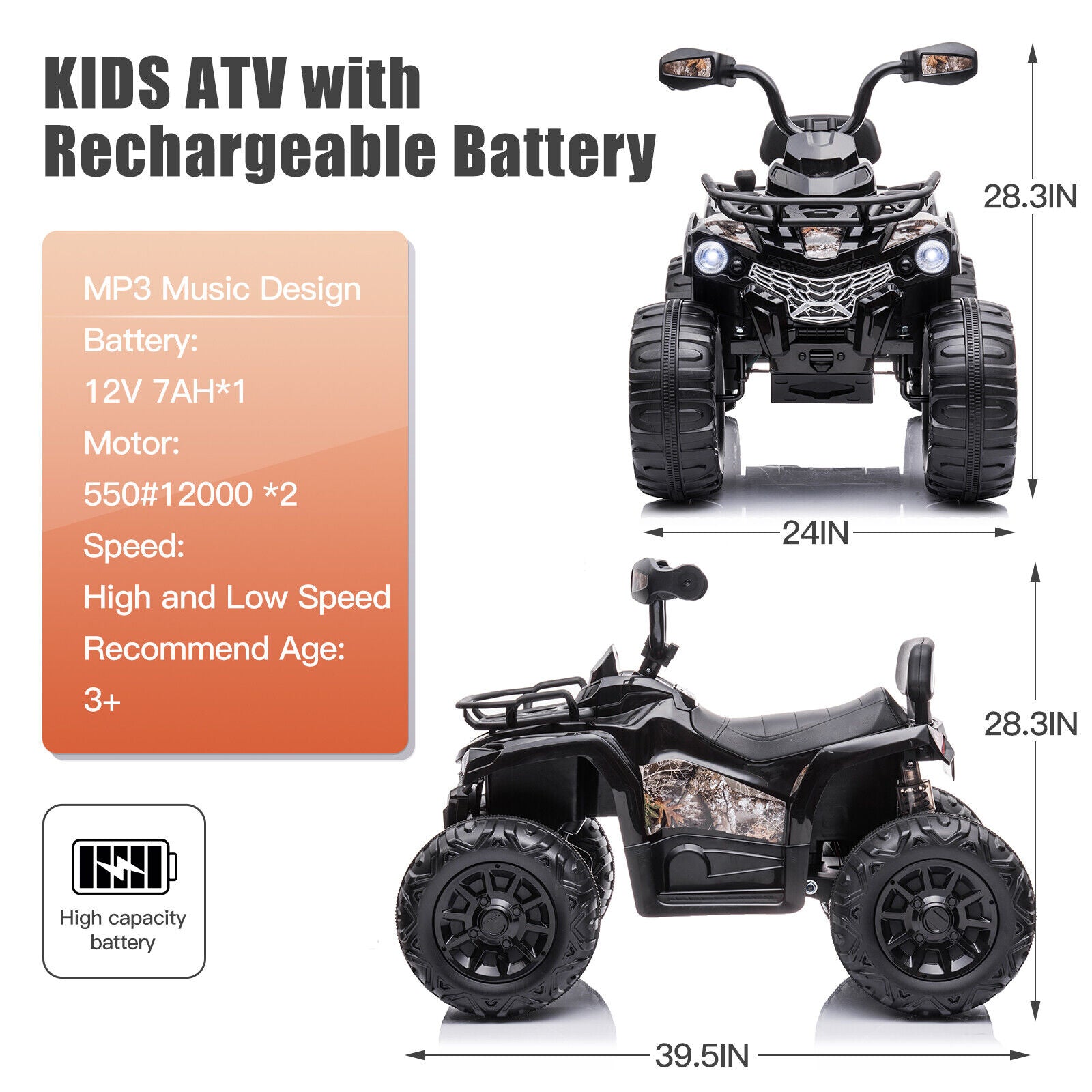 Electric Ride-On ATV Quad 4-Wheeler for Kids with MP3 and LED Lights - 2 Speed Options