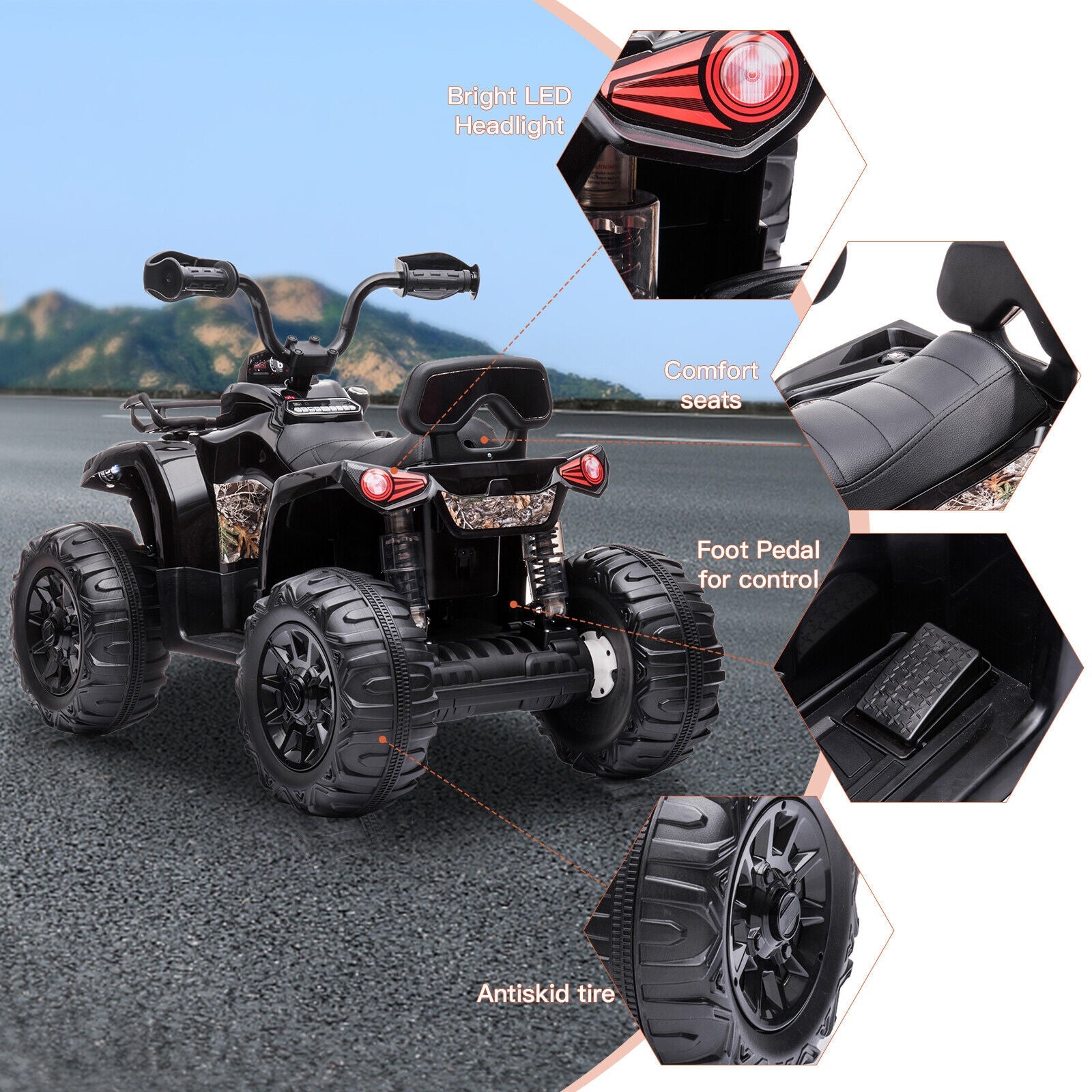 Electric ATV 4-Wheeler Quad Car Toy for Kids - 12V, 2 Speeds, Headlights, MP3 Compatible