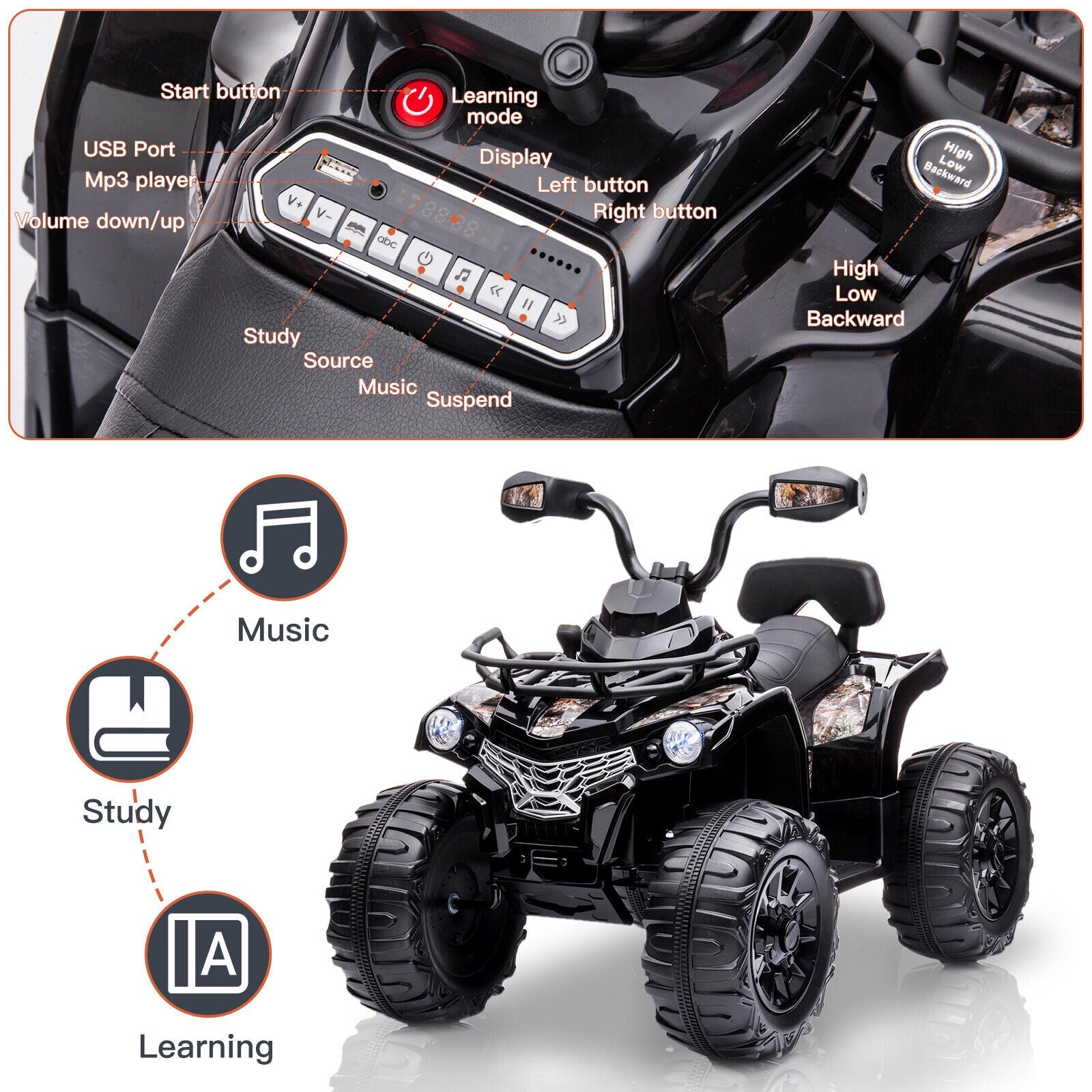 Electric Kids Ride On ATV 4-Wheeler Quad Car Toy with Music and Headlights - 2 Speed Options