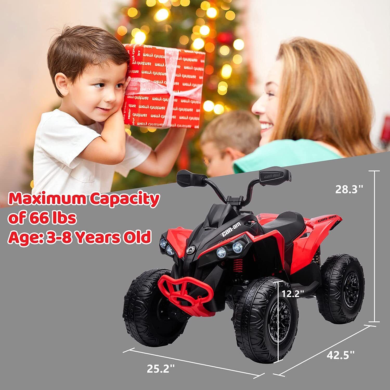 Electric Ride-On ATV Quad Car for Kids with MP3 Player and 4WD - Red