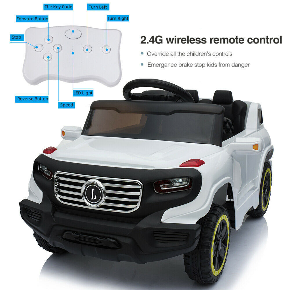 Electric Ride-On Car for Kids with 3 Speeds, Music Player, and Remote Control - White
