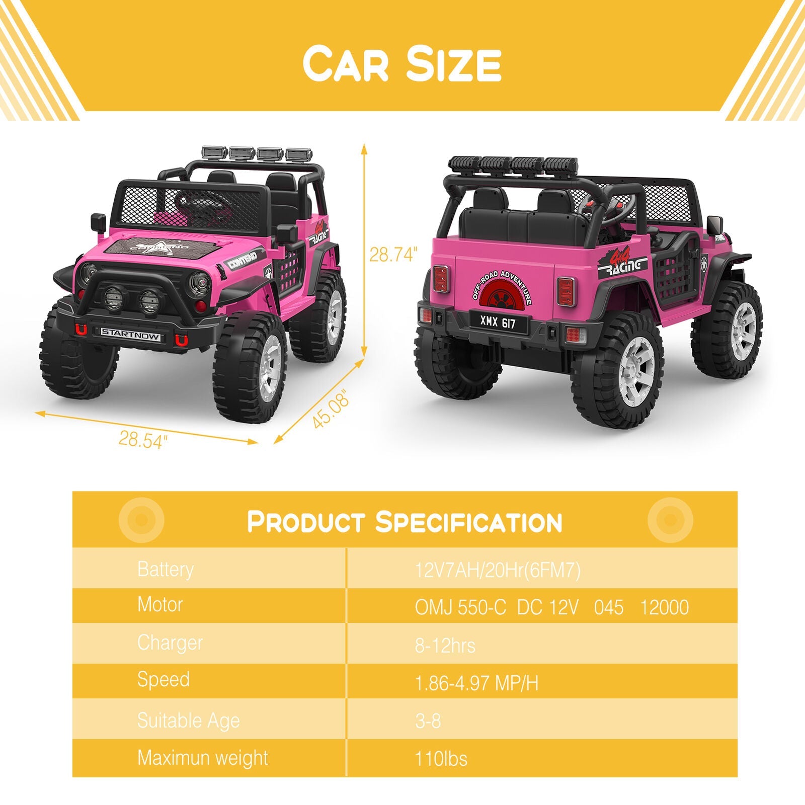 Electric Ride-On Car for Kids with LED Lights, MP3 Player, and Remote Control - 2 Seats, 12V