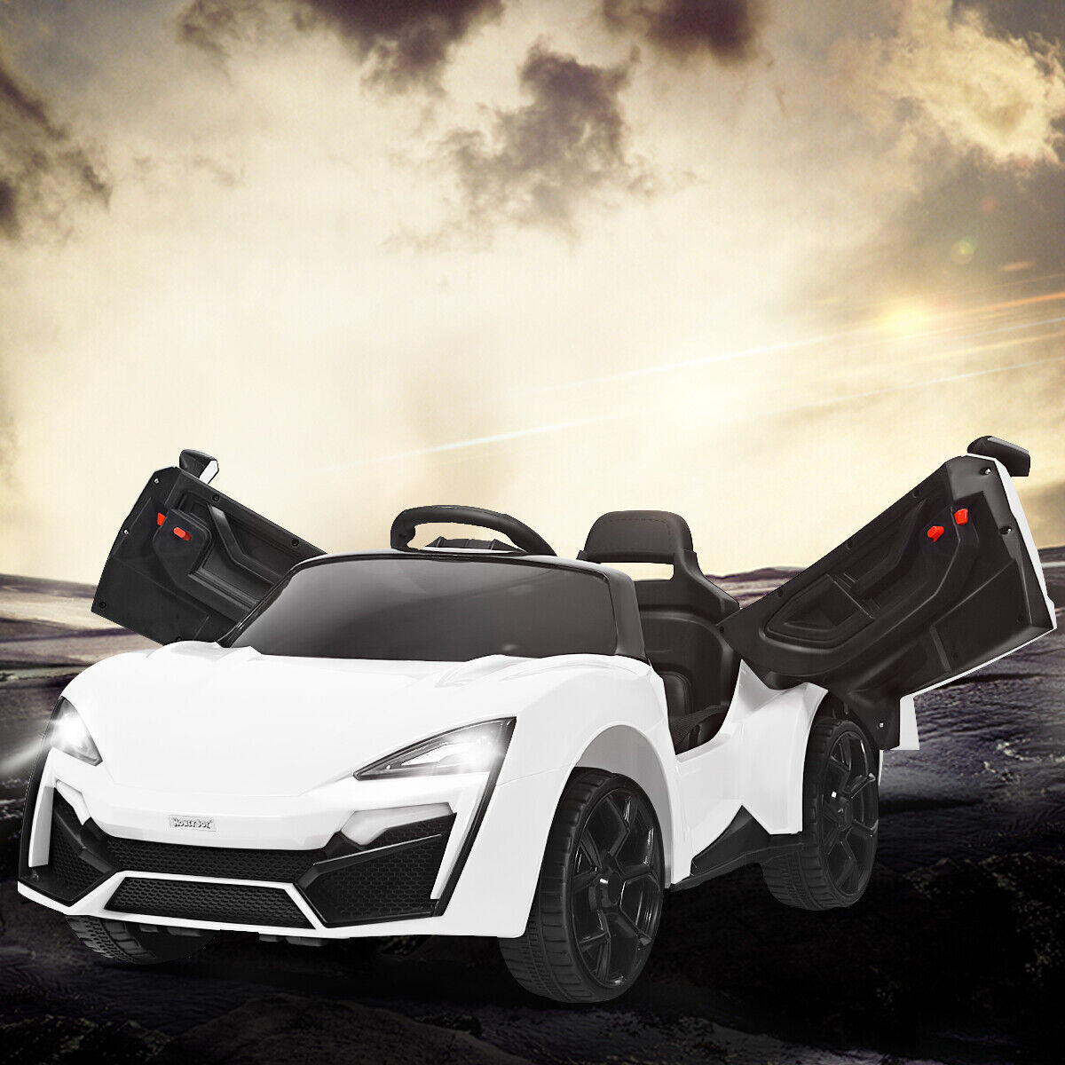 Electric Ride-On Car for Kids with Remote Control, Lights, MP3 Player, and Openable Doors - White