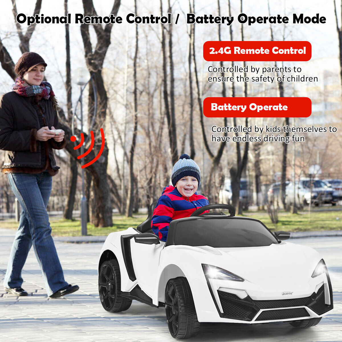Electric Ride-On Car for Kids with Remote Control, Lights, MP3 Player, and Openable Doors - White