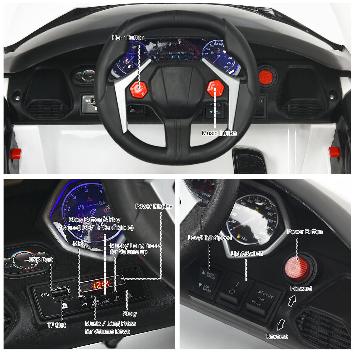 Electric Ride-On Car for Kids with Remote Control, Lights, MP3 Player, and Openable Doors - White