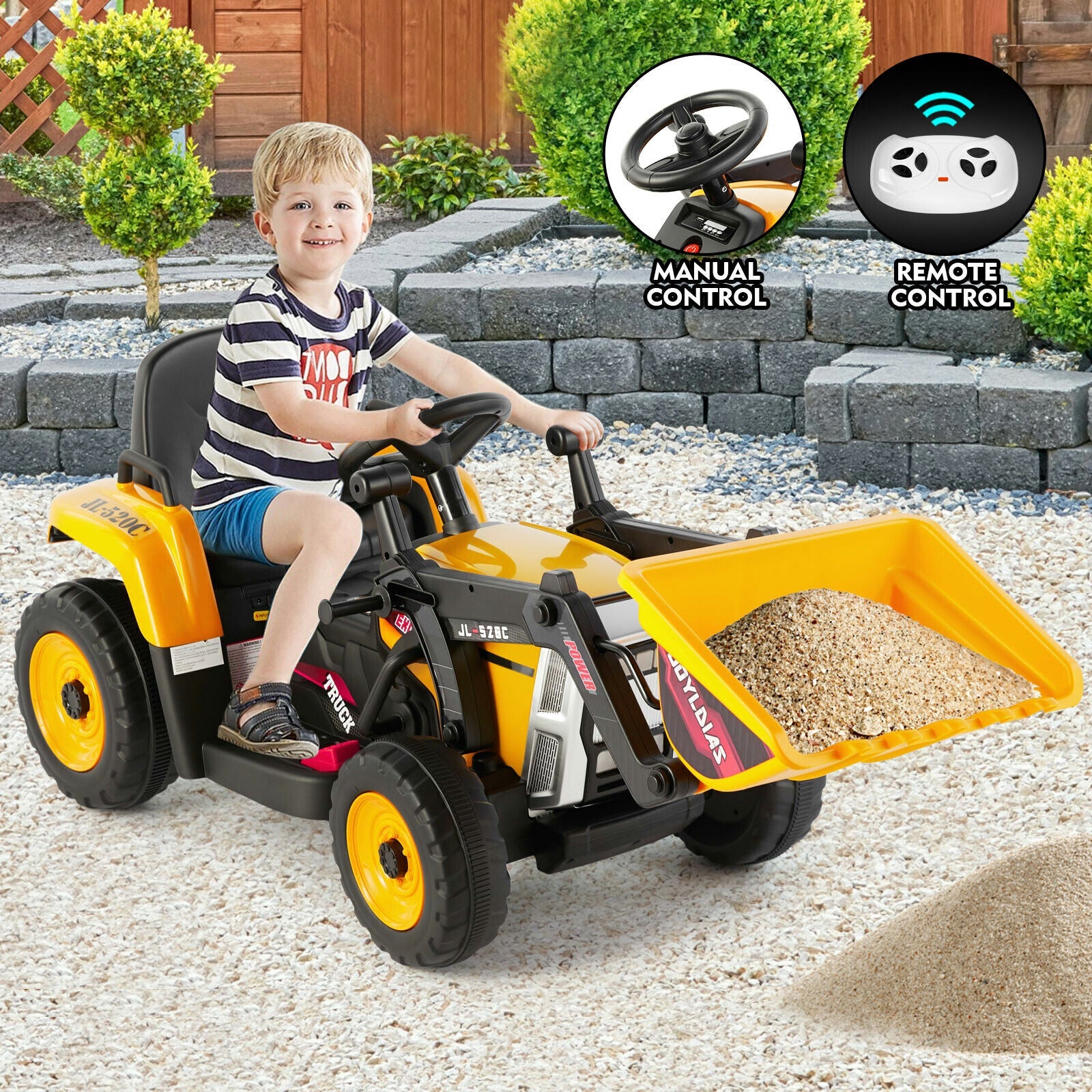 Electric Ride-On Excavator Digger with Bluetooth Music and Remote Control - 3 Speeds, Yellow