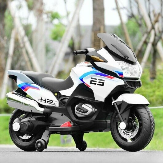 Electric Ride-On Motorcycle for Kids with Training Wheels and Lights - White