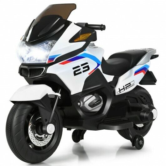 Electric Ride-On Motorcycle for Kids with Training Wheels and Lights - White