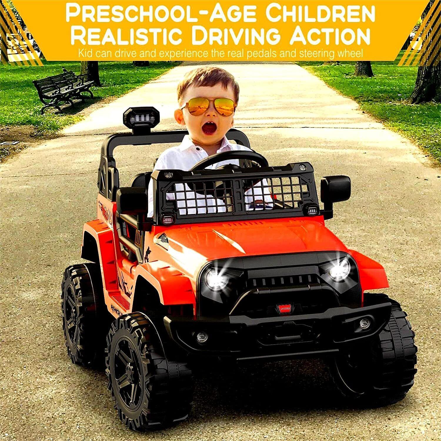 Electric Ride-On Toy Car for Kids with LED Lights, Bluetooth, and 2 Speeds - Red