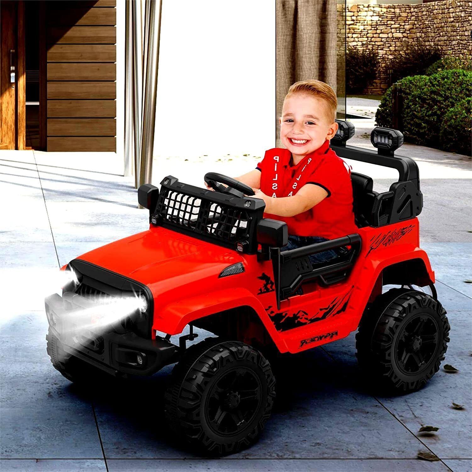 Electric Ride-On Toy Car for Kids with LED Lights, Bluetooth, and 2 Speeds - Red