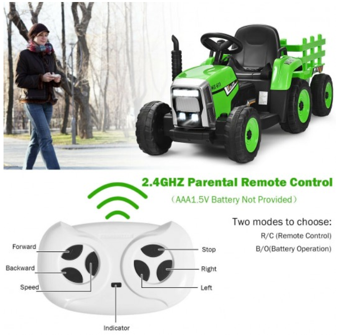Electric Ride-On Tractor for Kids with Remote Control, Detachable Trailer, Lights, and MP3 Music