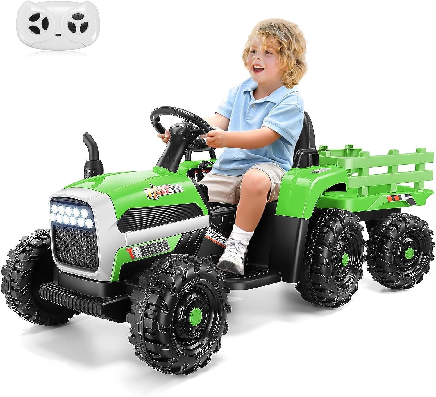 Electric Kids Ride On Tractor with Remote Control, LED Lights, and MP3 Player - 12V Battery Powered Toy