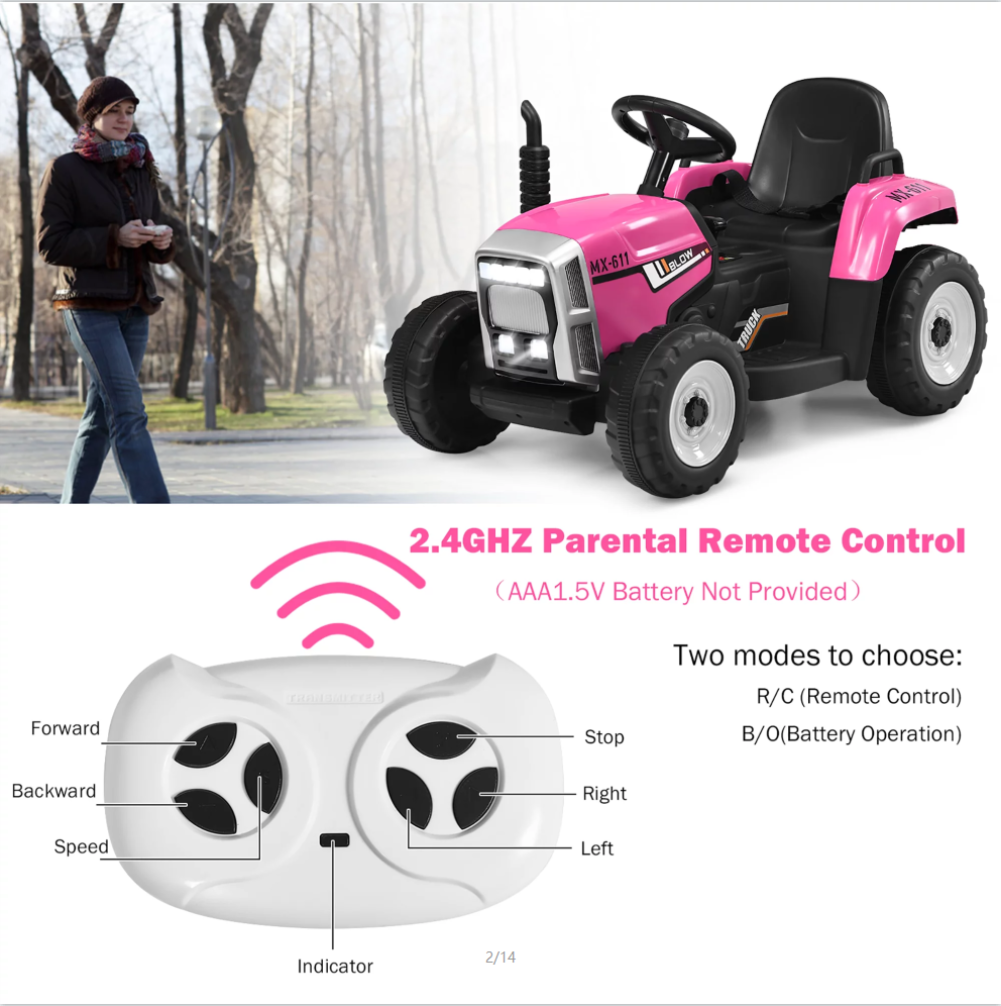 Electric Ride-On Tractor with Trailer and Music for Kids - 12V Battery-Powered Vehicle Toy