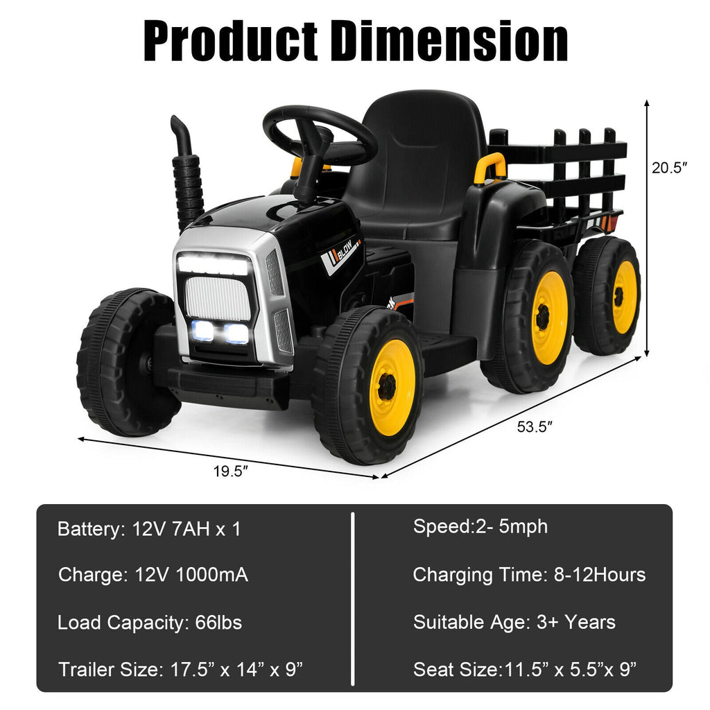 Electric Ride-On Tractor with Trailer and Remote Control - Black
