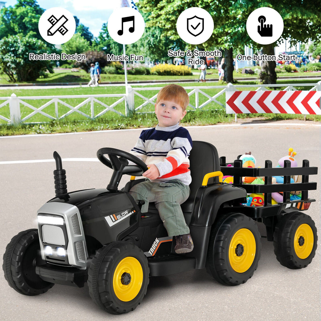 Electric Ride-On Tractor with Trailer and Remote Control - Black