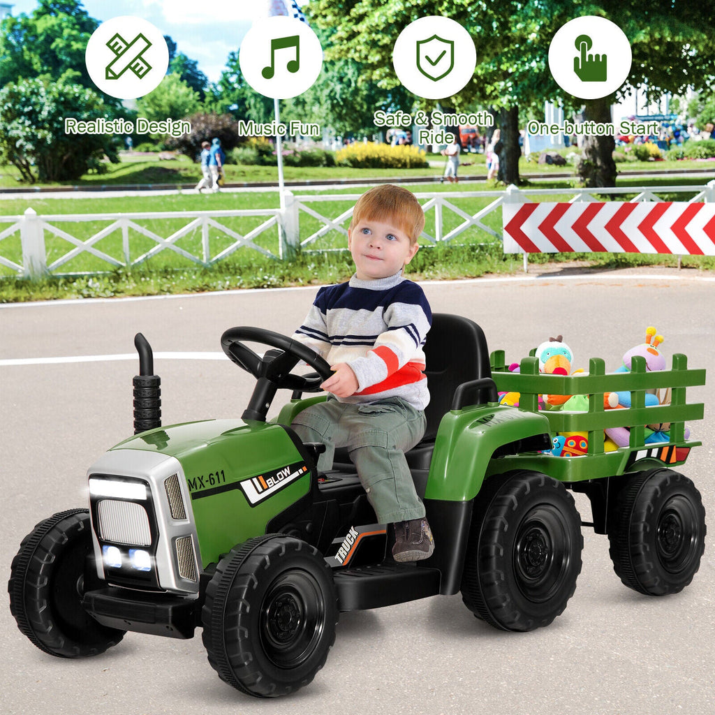 Electric Ride-On Tractor with Trailer and Remote Control - Dark Green with Lights