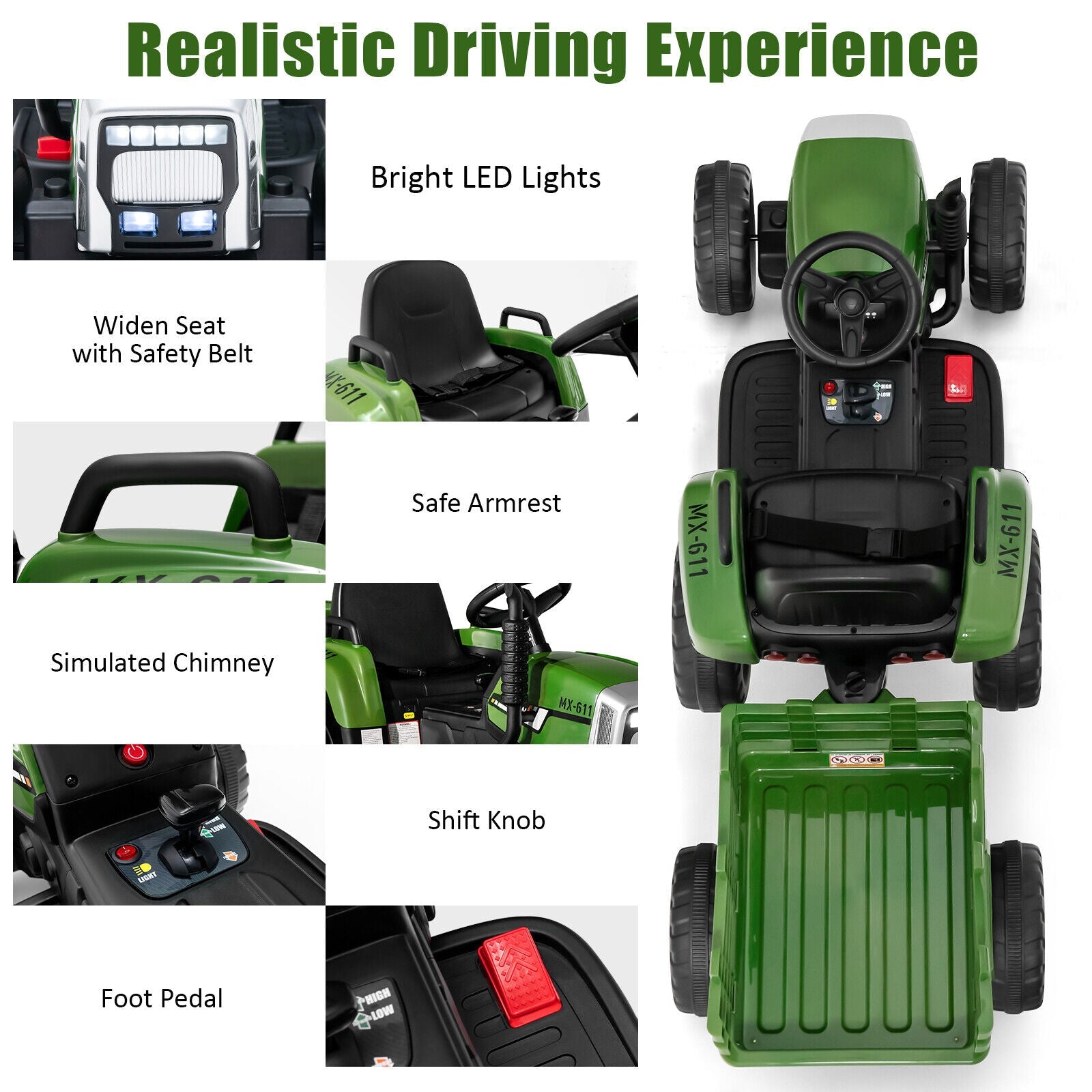 Electric Ride-On Tractor with Trailer and Remote Control - Dark Green with Lights