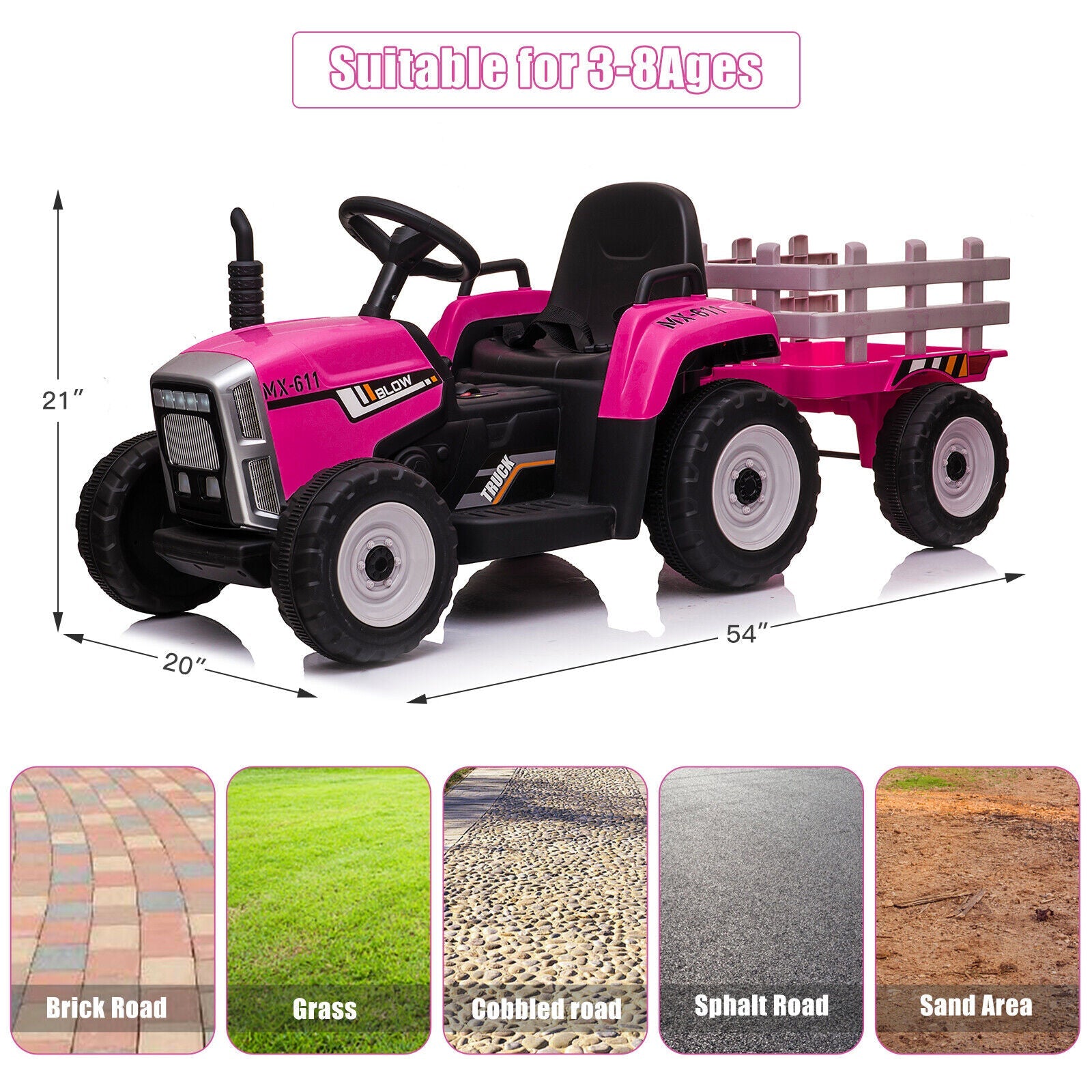 Electric Ride-On Tractor with Trailer and Remote Control for Kids (12V)