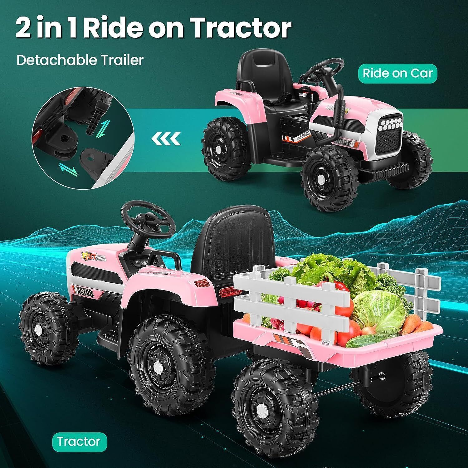 12V Electric Ride On Tractor Car with Trailer and Remote Control - 3 Speeds, 60W Motor
