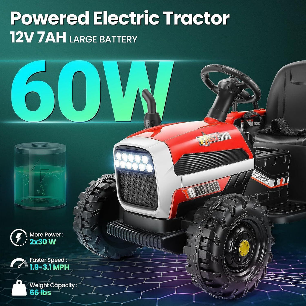 12V Battery-Powered Ride-On Tractor with Trailer and Remote Control - 2 * 30W Toy for Kids
