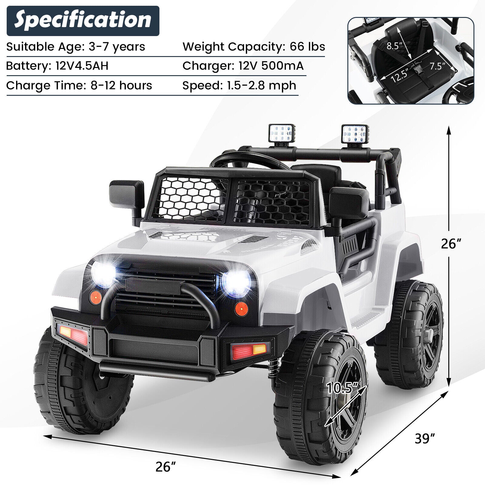 Electric Ride-On Truck for Kids with Remote Control, Lights, and Music - White