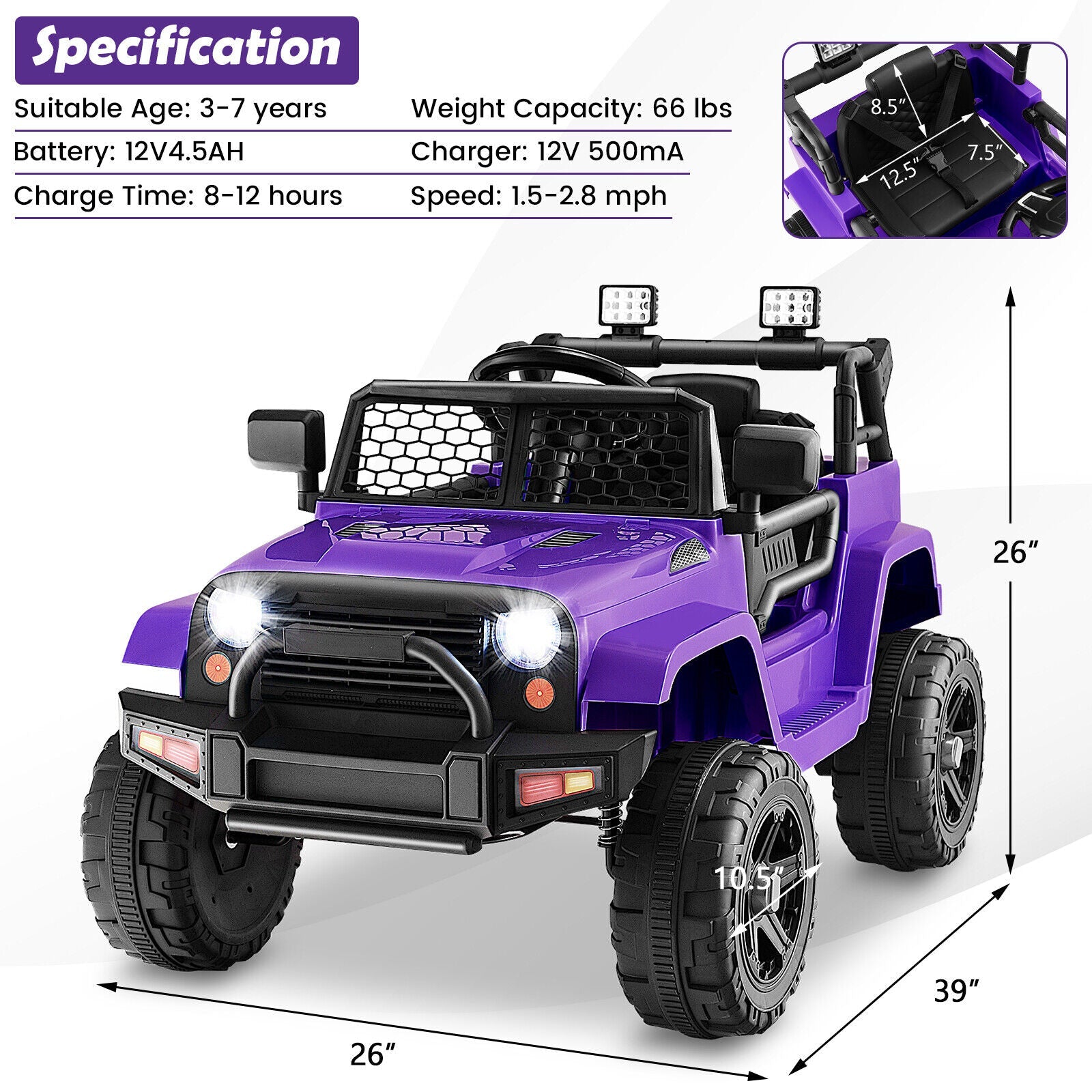 Electric Ride-On Truck for Kids with Remote Control, Music, and Lights - Purple