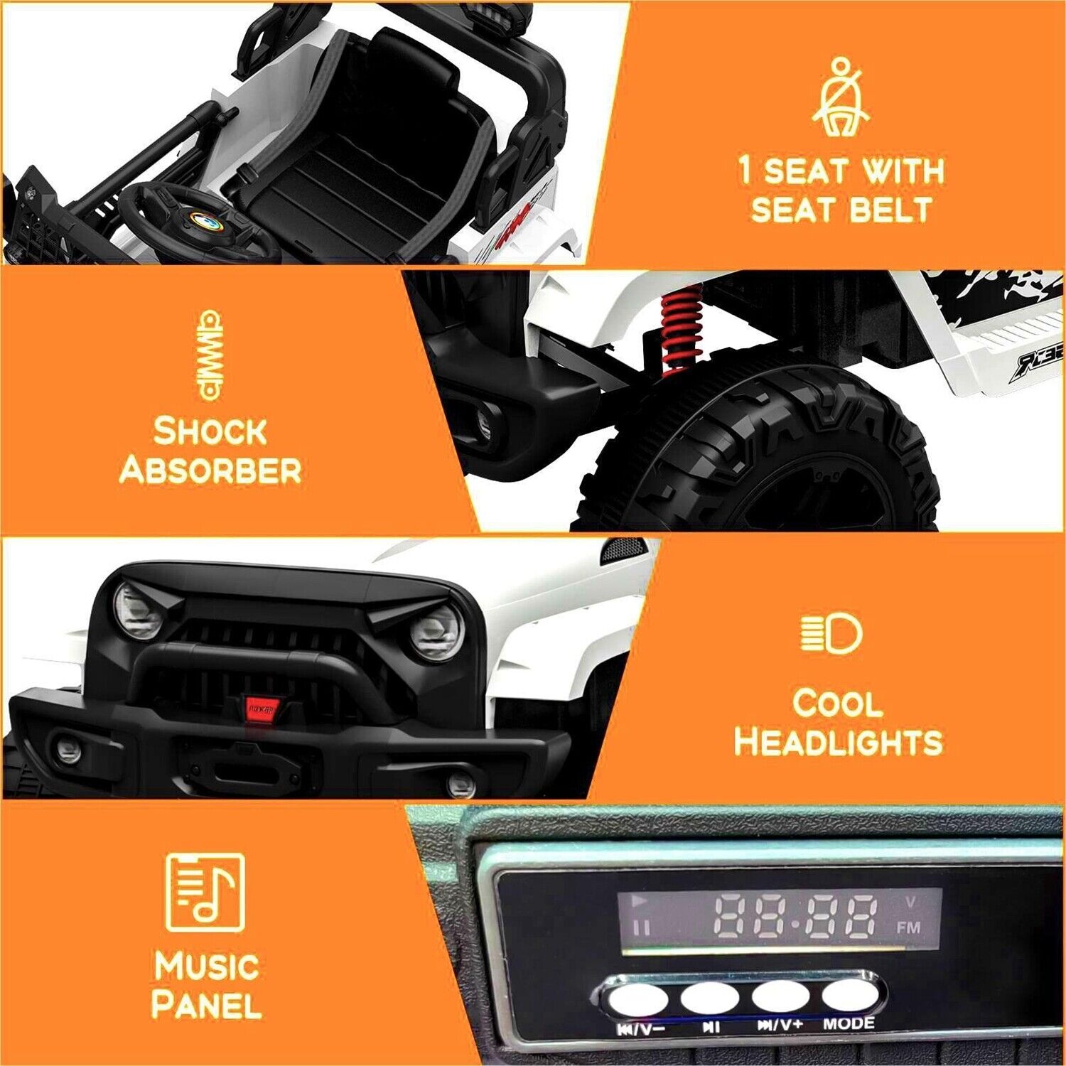 Jeep-Inspired 12V Ride-On Truck for Kids Ages 3-8, White
