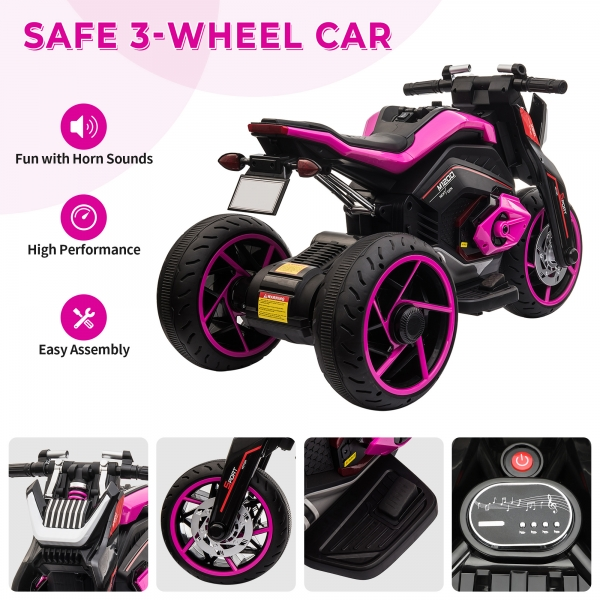 Electric Three-Wheeled Motorcycle for Kids Ages 3-8 with Horn and LED Lights