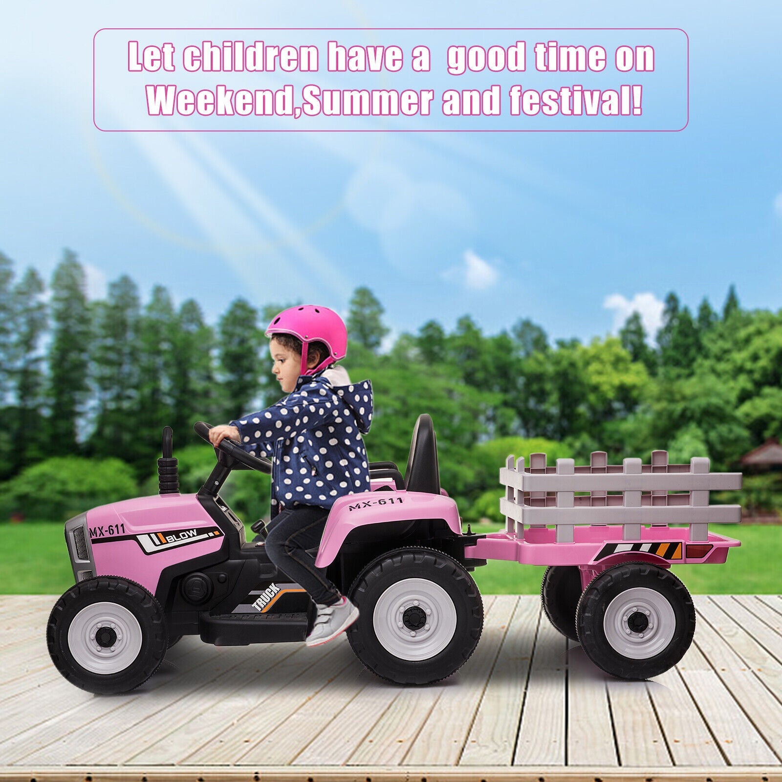 Electric Tractor Ride-On with Trailer and Remote Control for Kids - LED Headlights Included