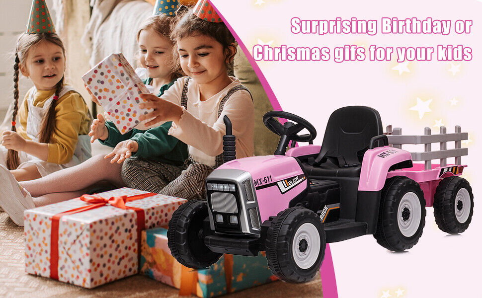 Electric Kids Ride On Tractor with Remote Control and Trailer - 12V Battery Powered Toy
