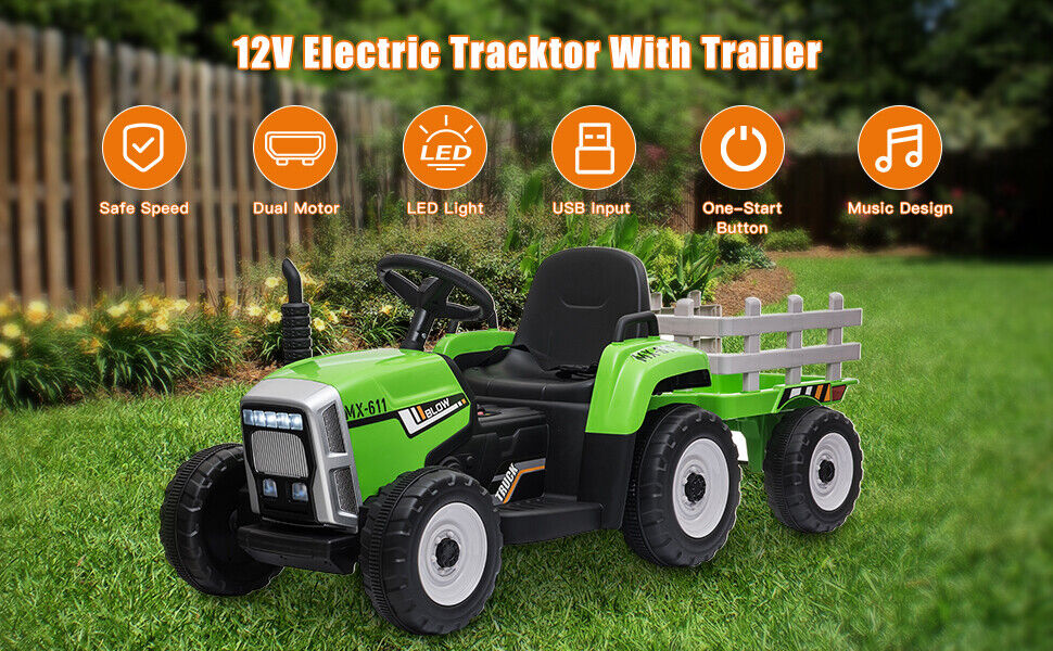 Electric Kids Ride On Tractor with Remote Control and Trailer - 12V Battery Powered Toy