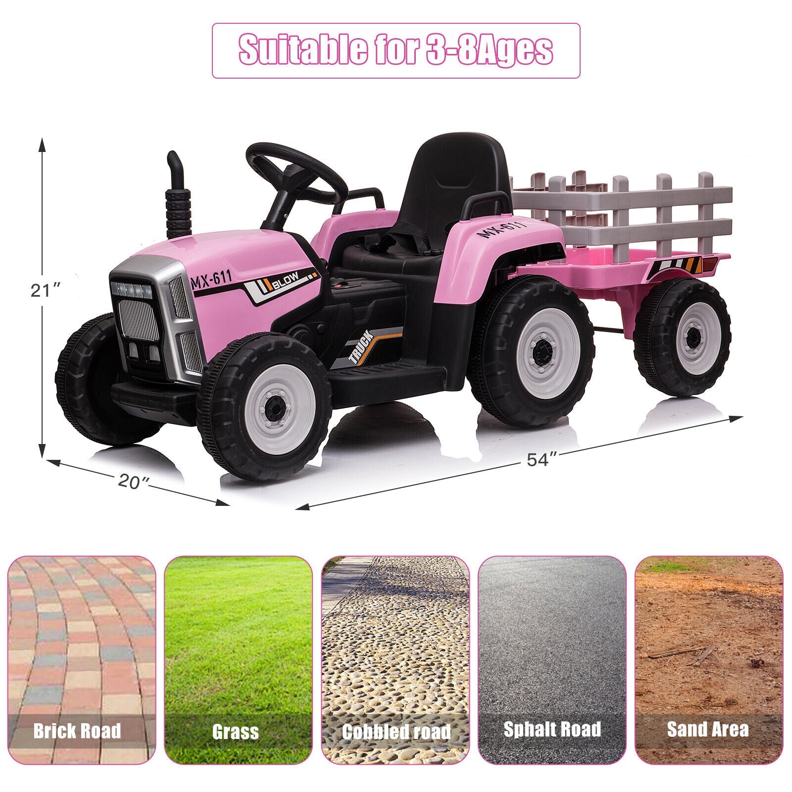 Electric Kids Ride On Tractor with Remote Control and Trailer - 12V Battery Powered Toy
