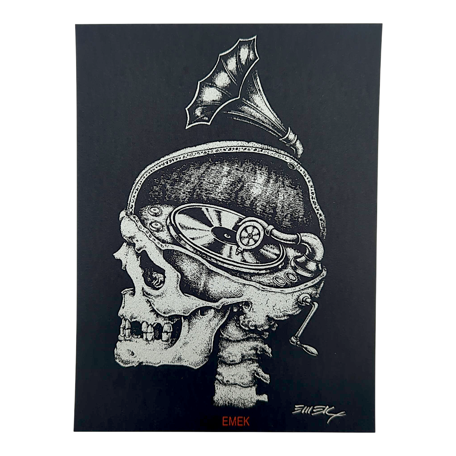 Emek "Phonograph Skull" (Black) Mini Print