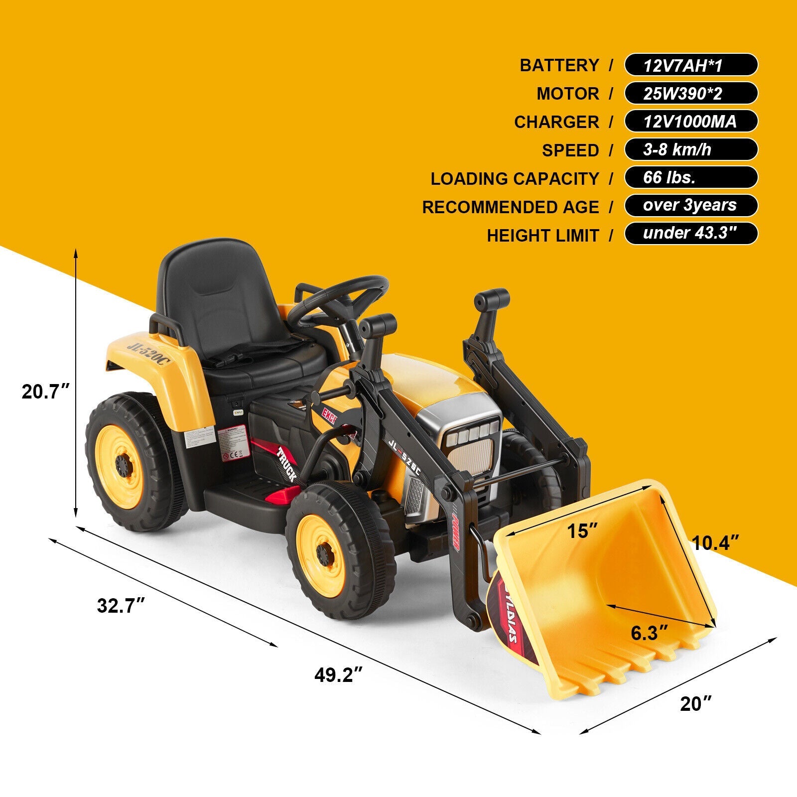 Electric Ride-On Excavator Digger with Bluetooth Music and Remote Control - 3 Speeds, Yellow