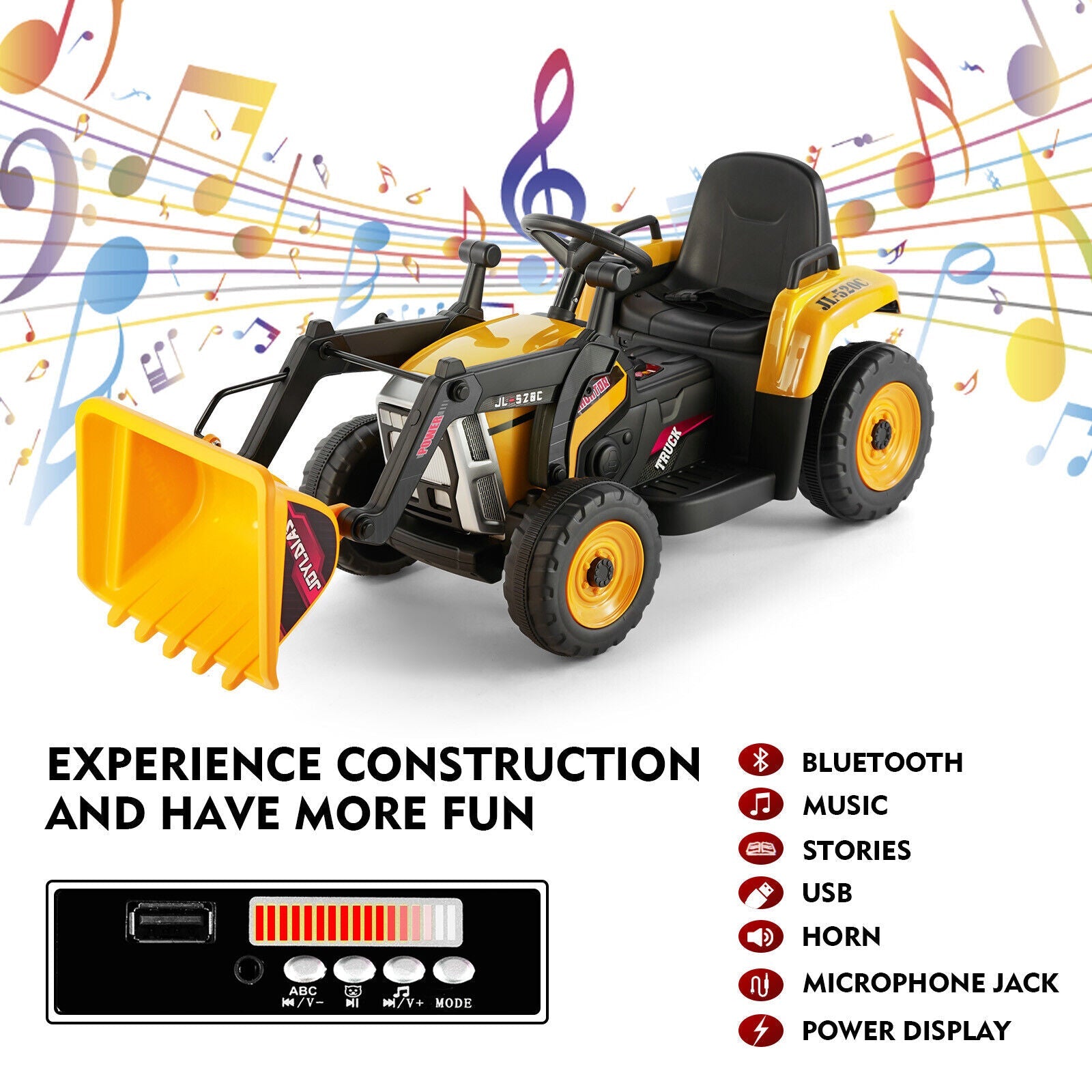 Electric Ride-On Excavator Digger with Bluetooth Music and Remote Control - 3 Speeds, Yellow