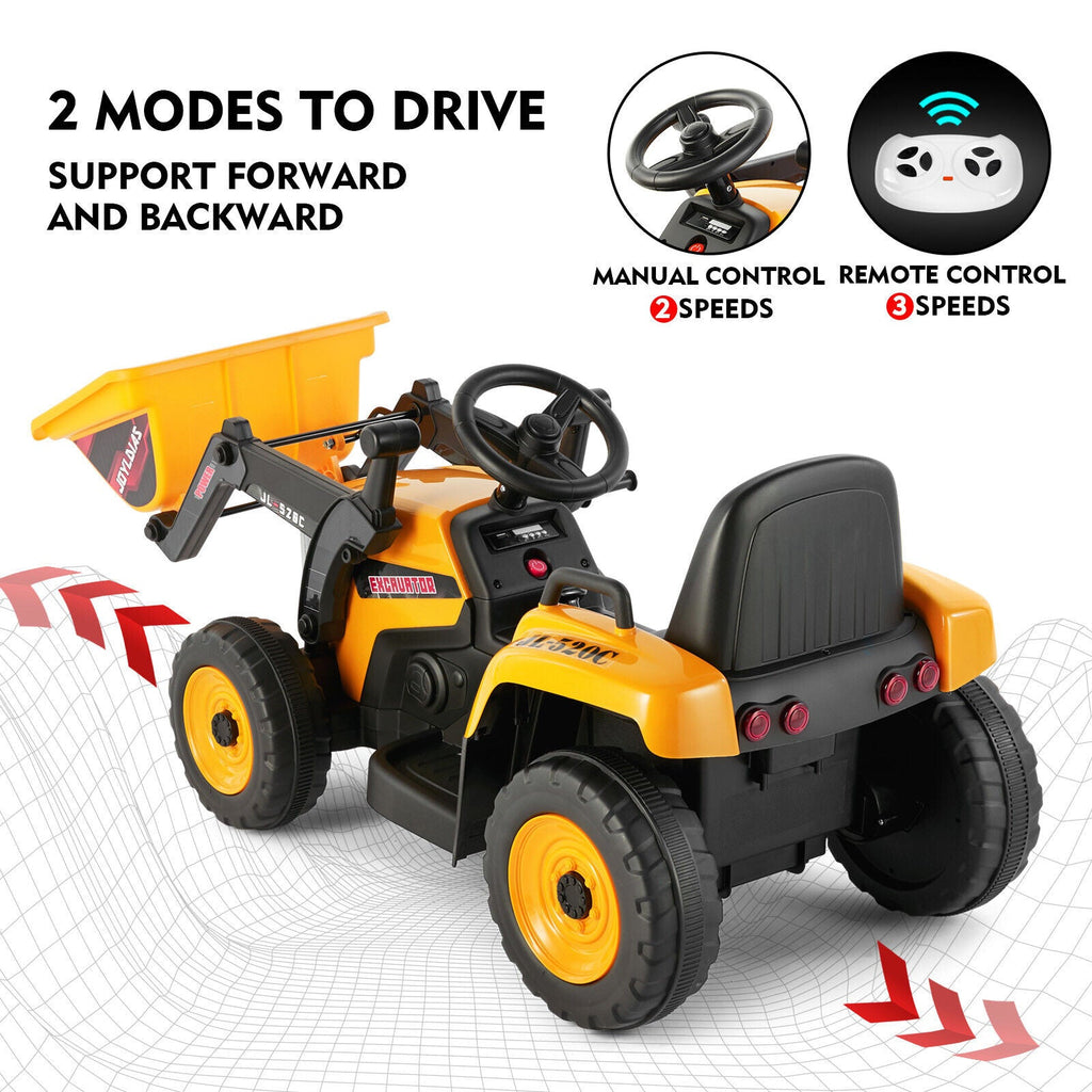 Electric Ride-On Excavator Digger with Bluetooth Music and Remote Control - 3 Speeds, Yellow